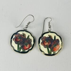 Cloisonné Earrings Vintage Floral Cream Gold Tone Dangle Round 1”